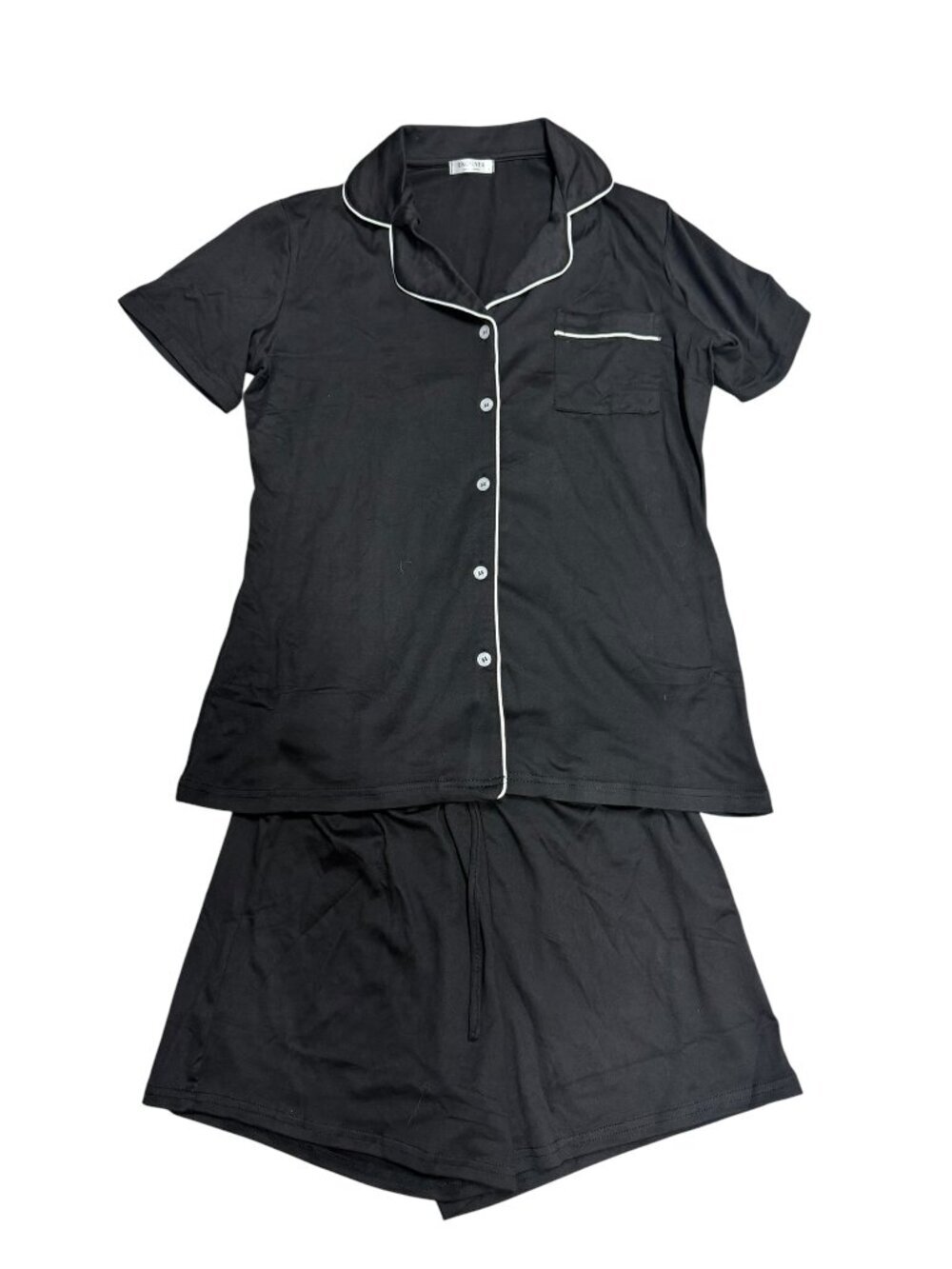 NWOT Ekouaer Black Pajama Set Contrast Piping Button Front Shorts Set Size S